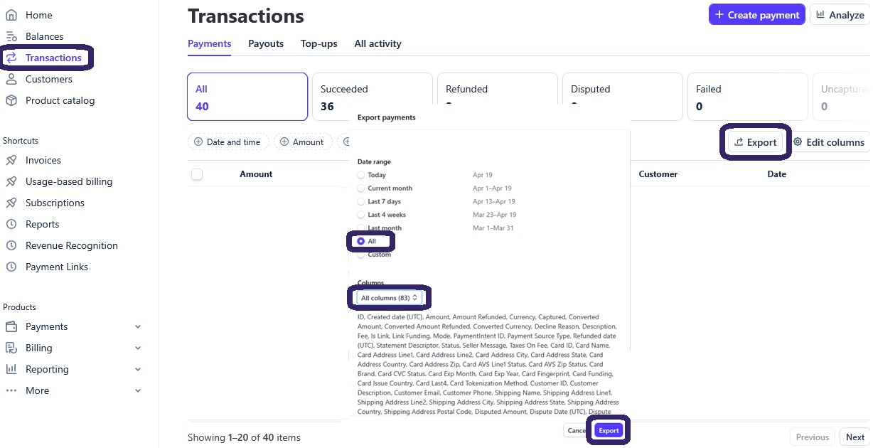 How to export from Stripe